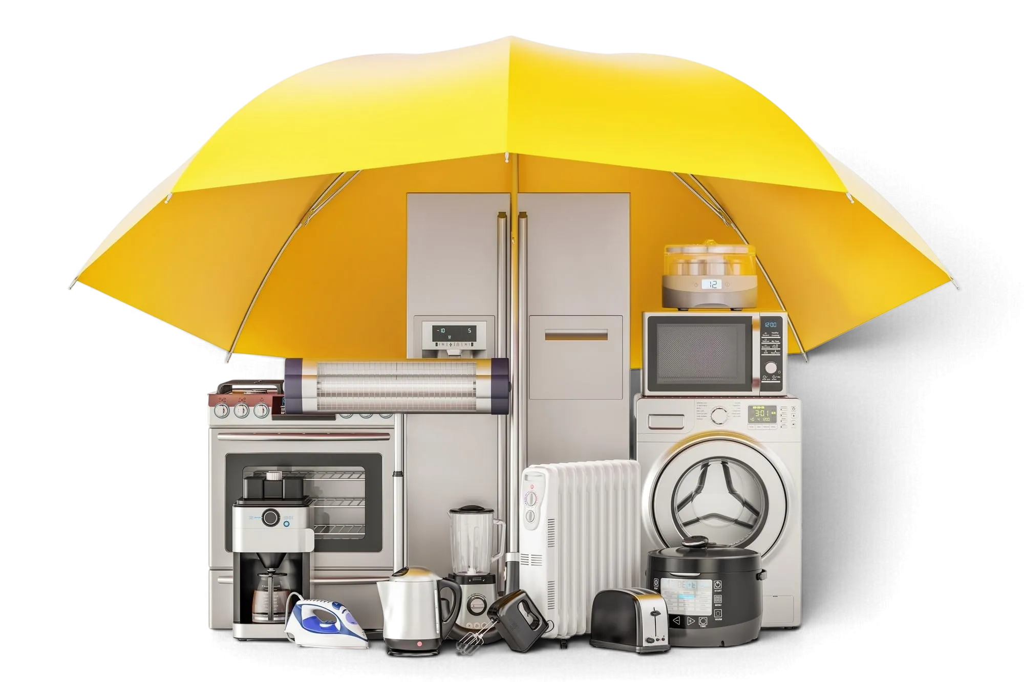 Household appliances grouped under a yellow umbrella
